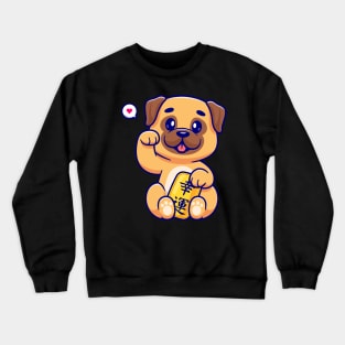 Cute Lucky Pug Dog Holding Gold Coin Cartoon Crewneck Sweatshirt